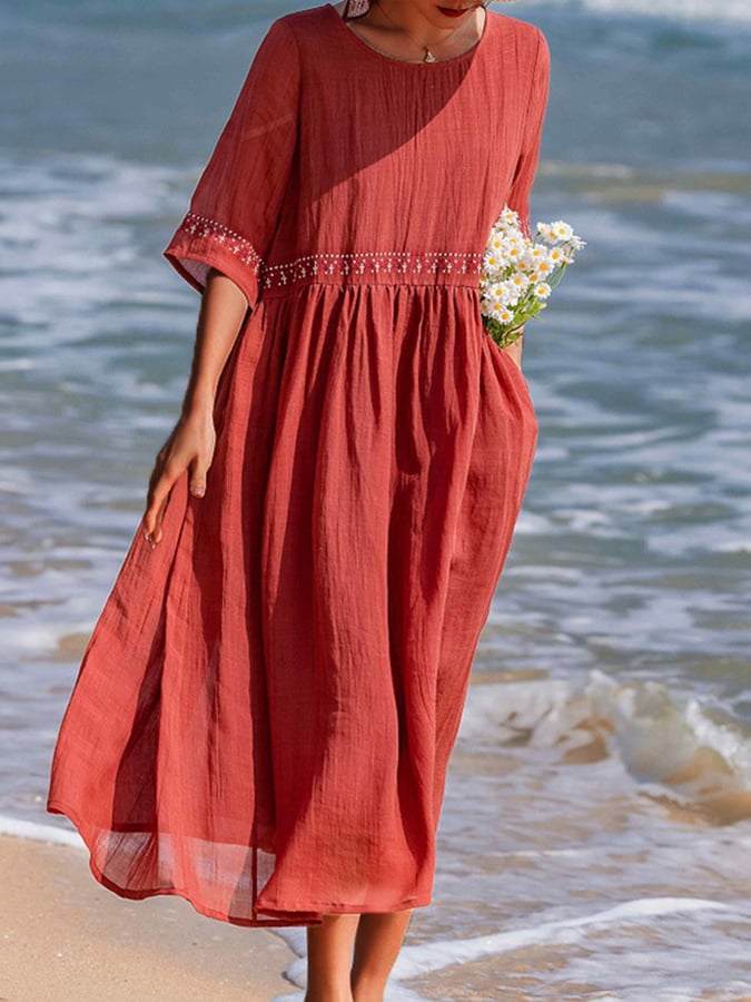 GR | Women's Embroidered Cotton Linen Dress