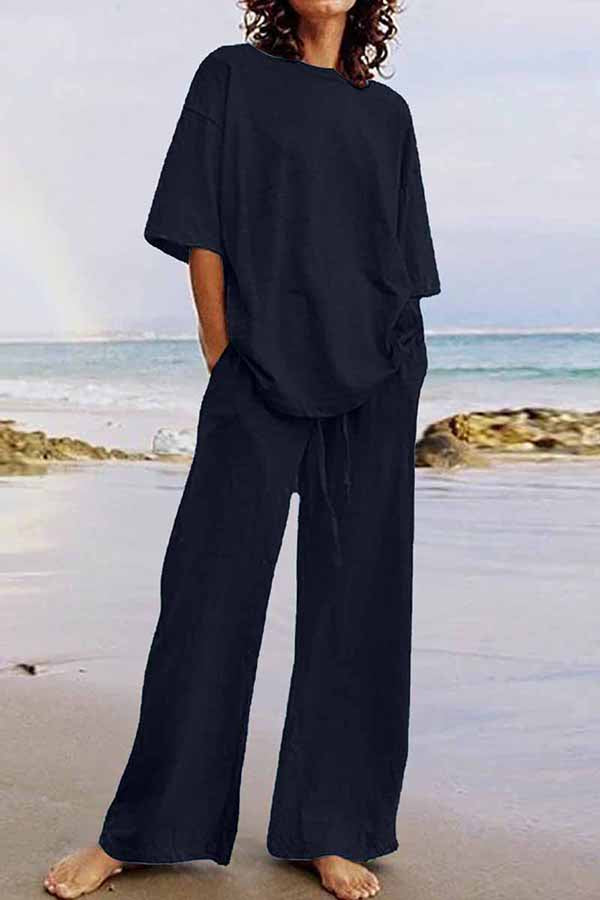 GR | Casual Living Solid Color O-Neck Short Sleeve Two Pieces (11 Colors)