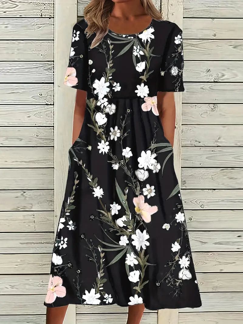GR | Midi Kleid Blumendes Muster Rundhals Kurze Ärmel Luftig und Bequem
