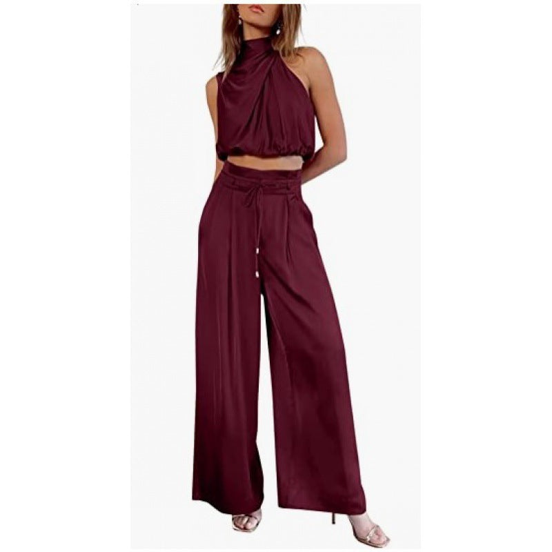 GR | Casual Sleeveless Top with Midriff and Wide Legs 2-Piece Set Women's Clothing