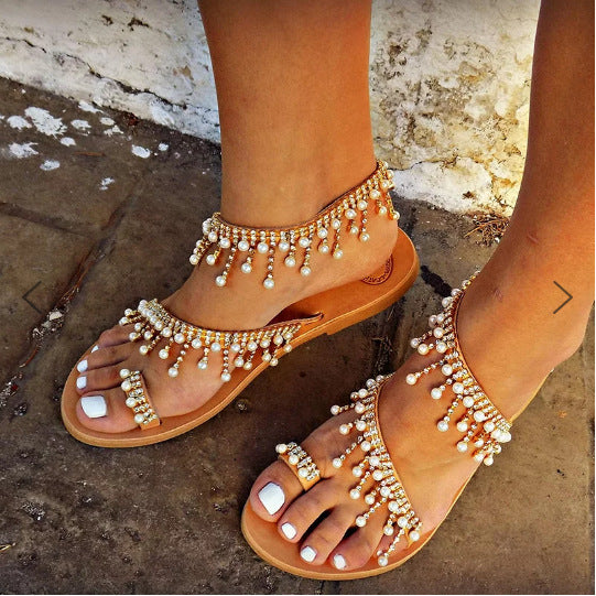 GR | Orthopedic Sandals Flat Pearl Comfortable String Pearl Slippers 