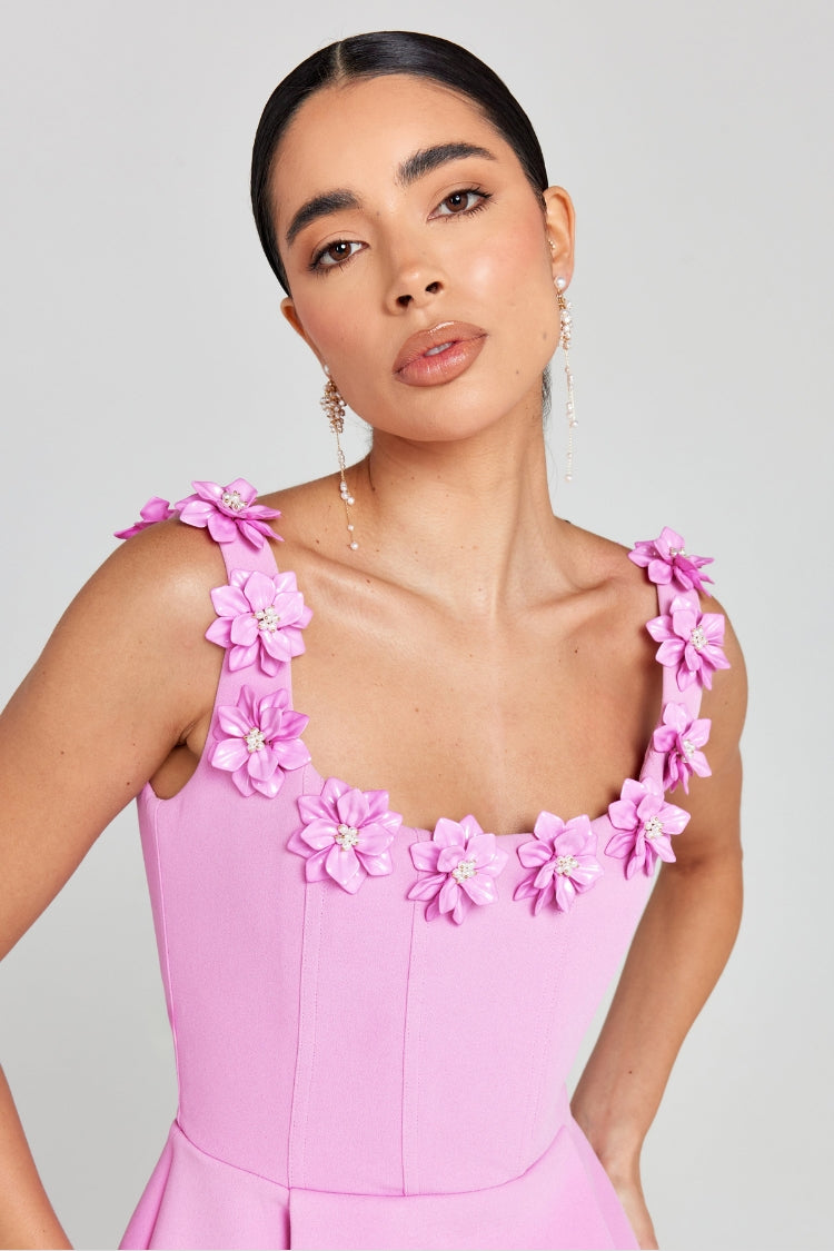 GR | Cindy Kunstperle Blumen Applikation Quadrat Ausschnitt Taschen Mini Kleid