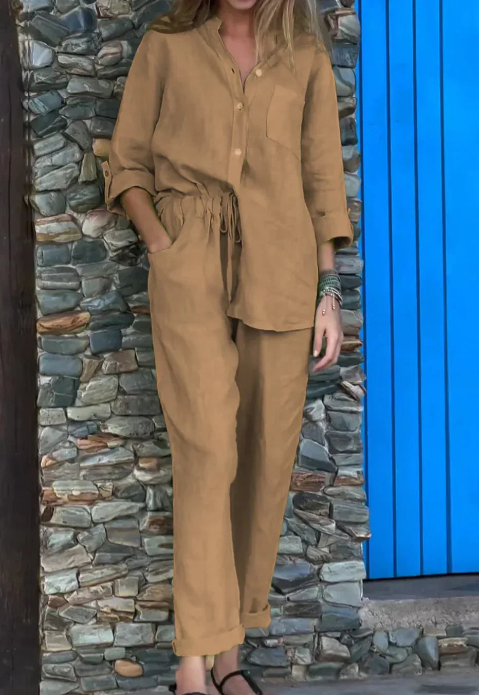 GR | Casual V-neck shirt & trousers cotton-linen set 