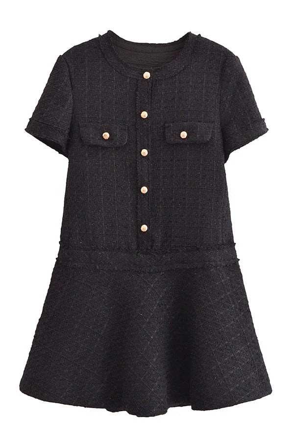 GR | 1960Er London Girl Tweed-Texturiertes Kurzärmliges Kleid mit Goldknöpfen und Taschen