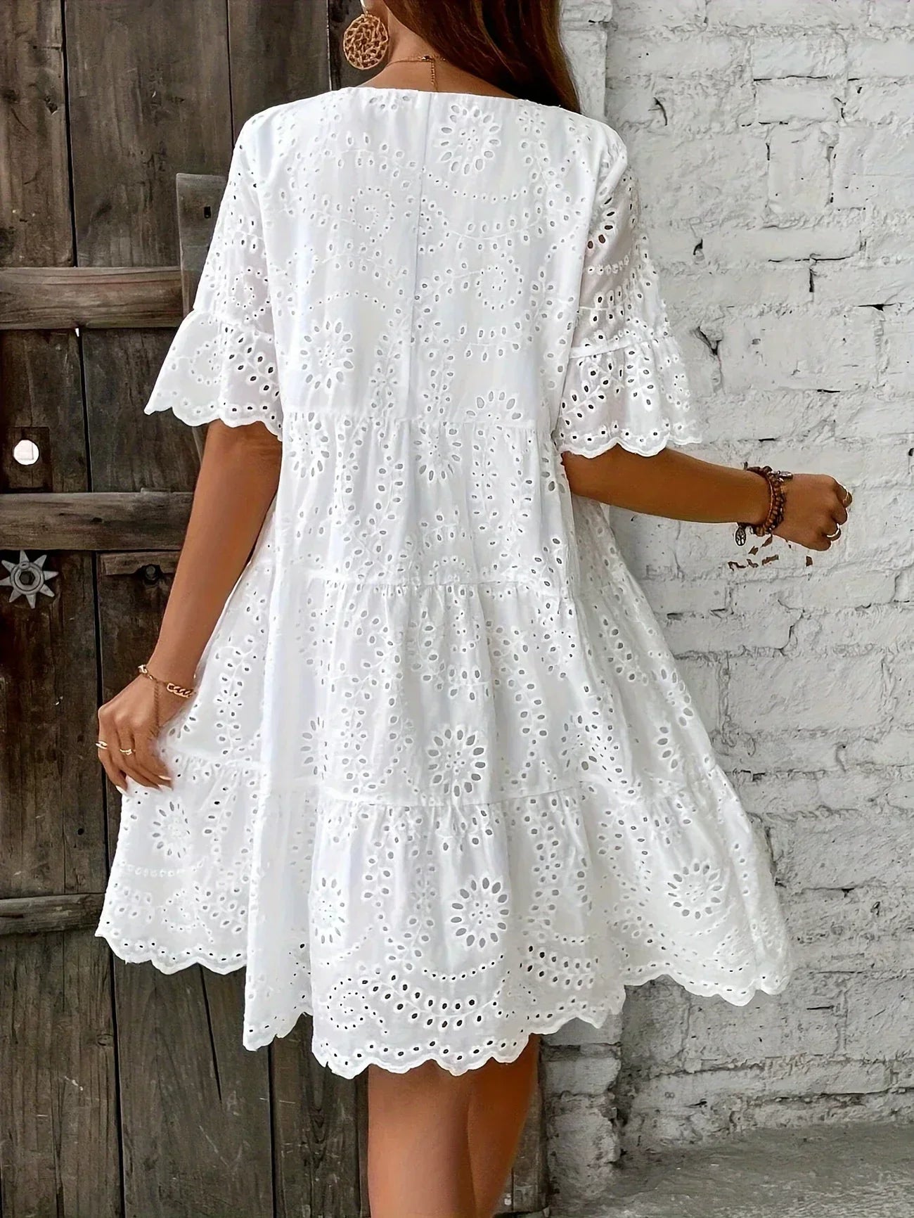 GR | Weiße Spitzenkleid für Damen Leicht, Bestickt und Sommerlich
