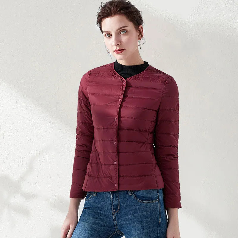 GR | Lightweight, collarless, slimming down jacket for women