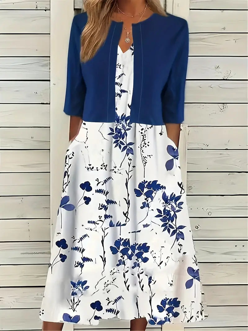 GR | Elegante Zweiteilige Blumenkleid-Set mit Einfarbigem Crop-Top und Rundhalskleid