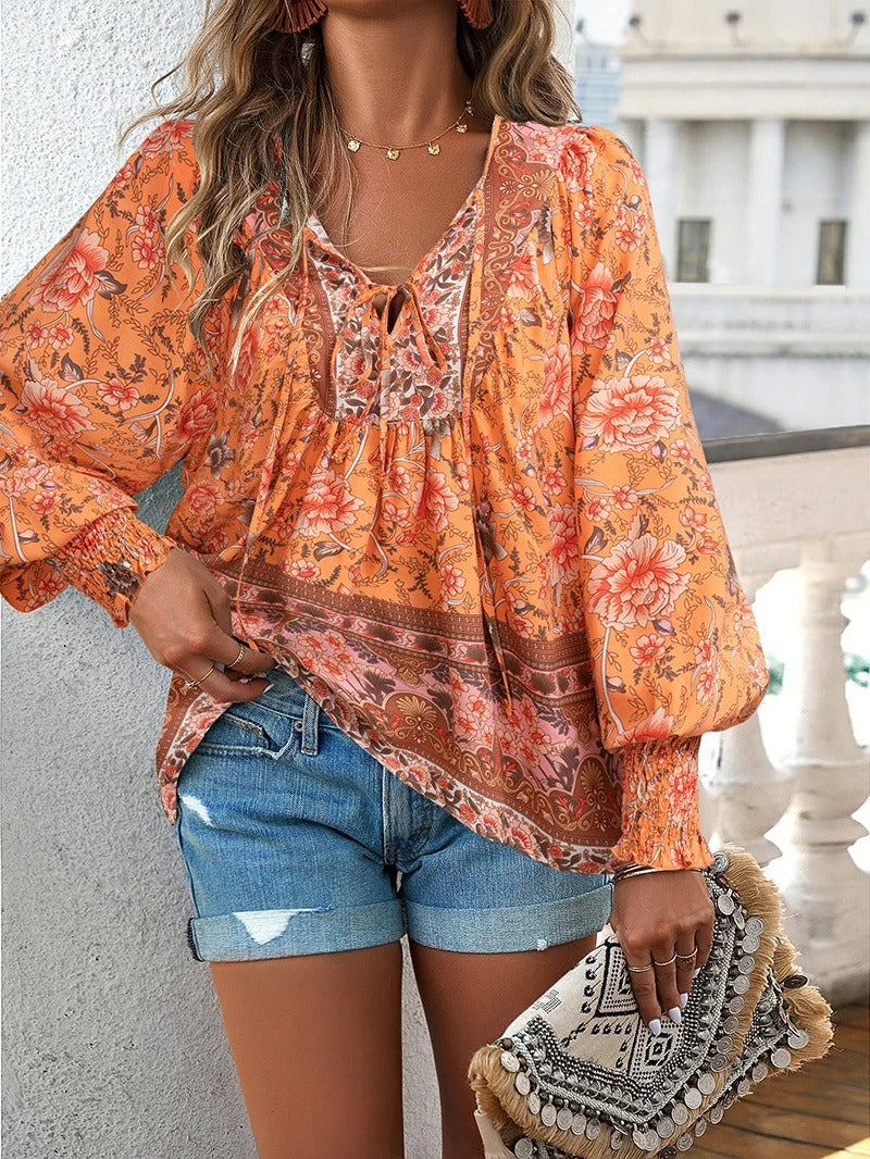 GR | Casual printed long-sleeved shirt with V-neck for a fashionable look
