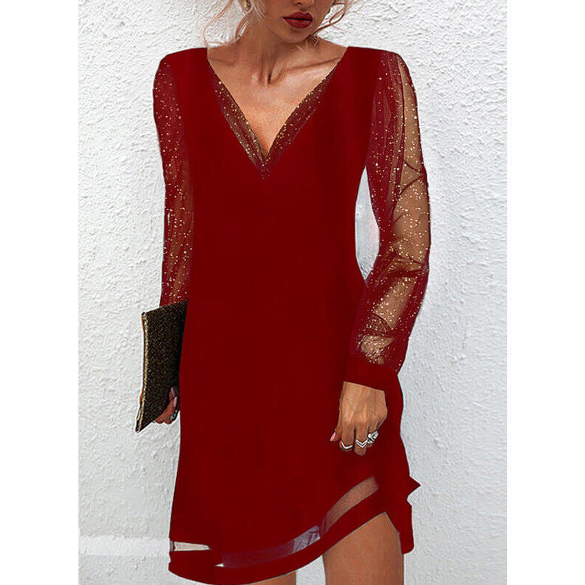 GR | Solides Kleid Mit Spitzenbesatz Und V-Ausschnitt