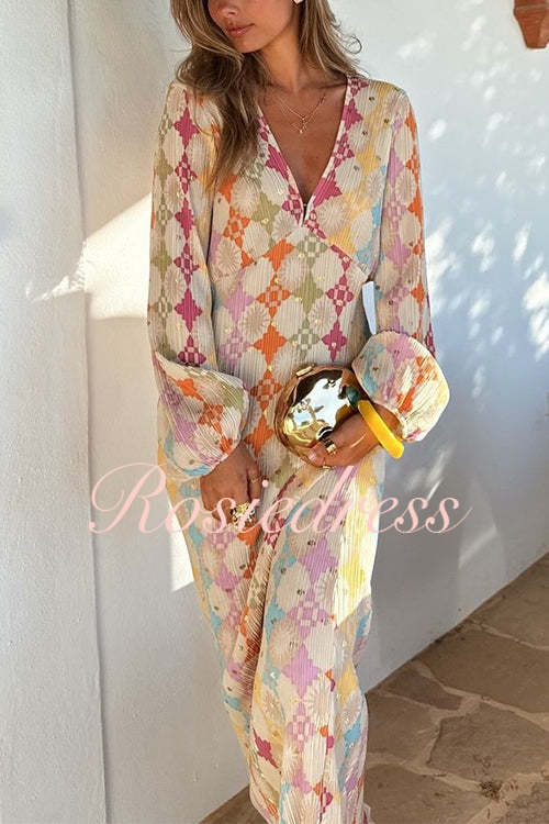 GR | Rosiedress V-neck lantern sleeve geometric print maxi dress