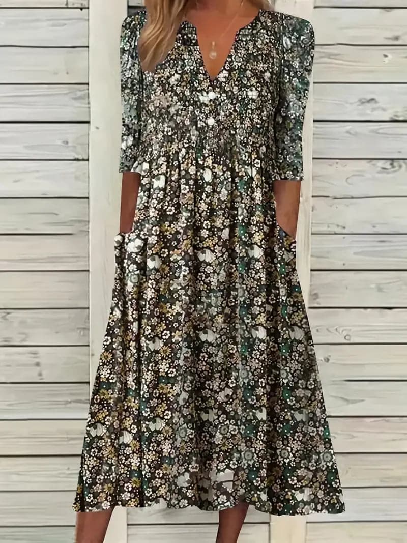 GR | Midikleid A-Linie Passform V-Ausschnitt 3/4 Ärmel Blumenmuster