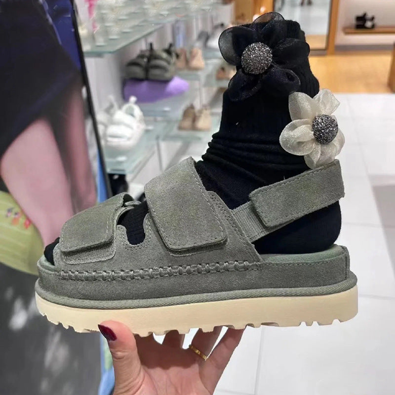 GR | Spring and Summer New Genuine Leather Thick Sole Strappy Velcro Sandals Women's Open Toe Height Increase
