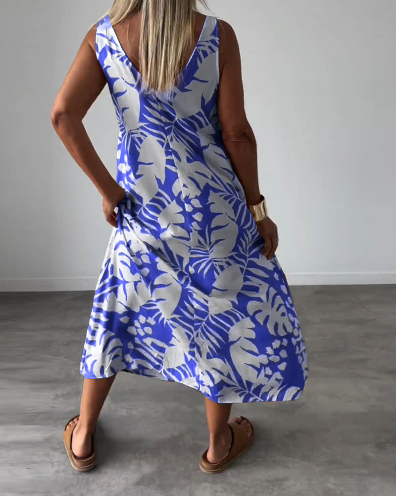 GR | Lässiges, Ärmelloses Kleid mit Blattmuster