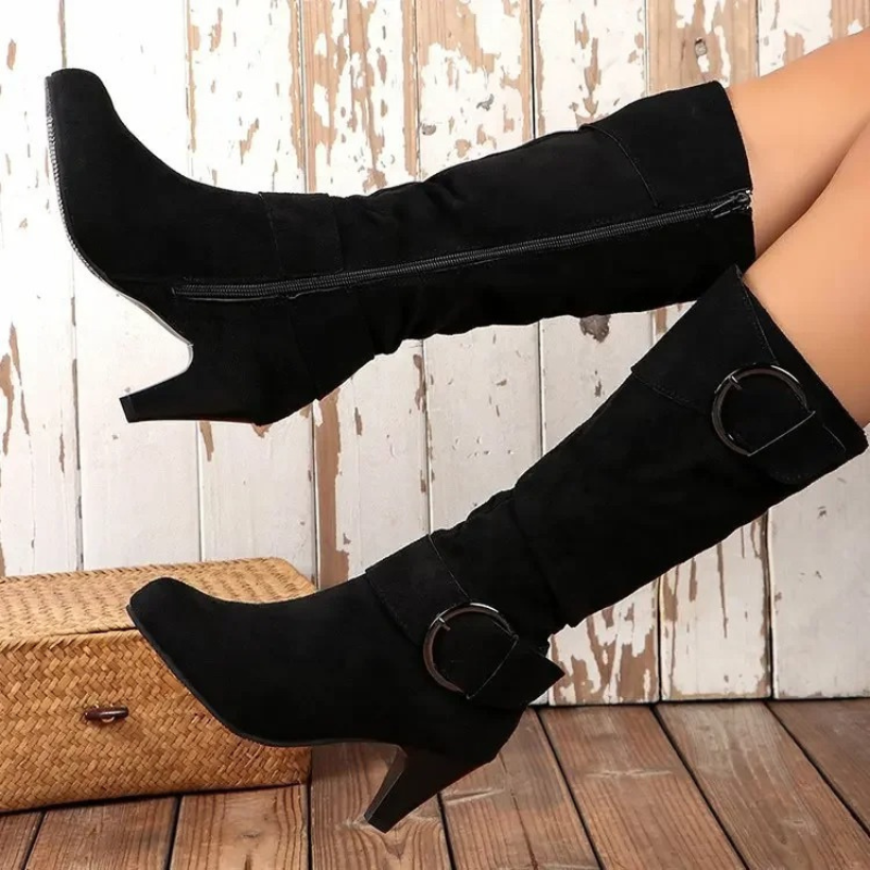 GR | Women's Knee-Length Boots with Zipper and Buckle Stylish High Boots