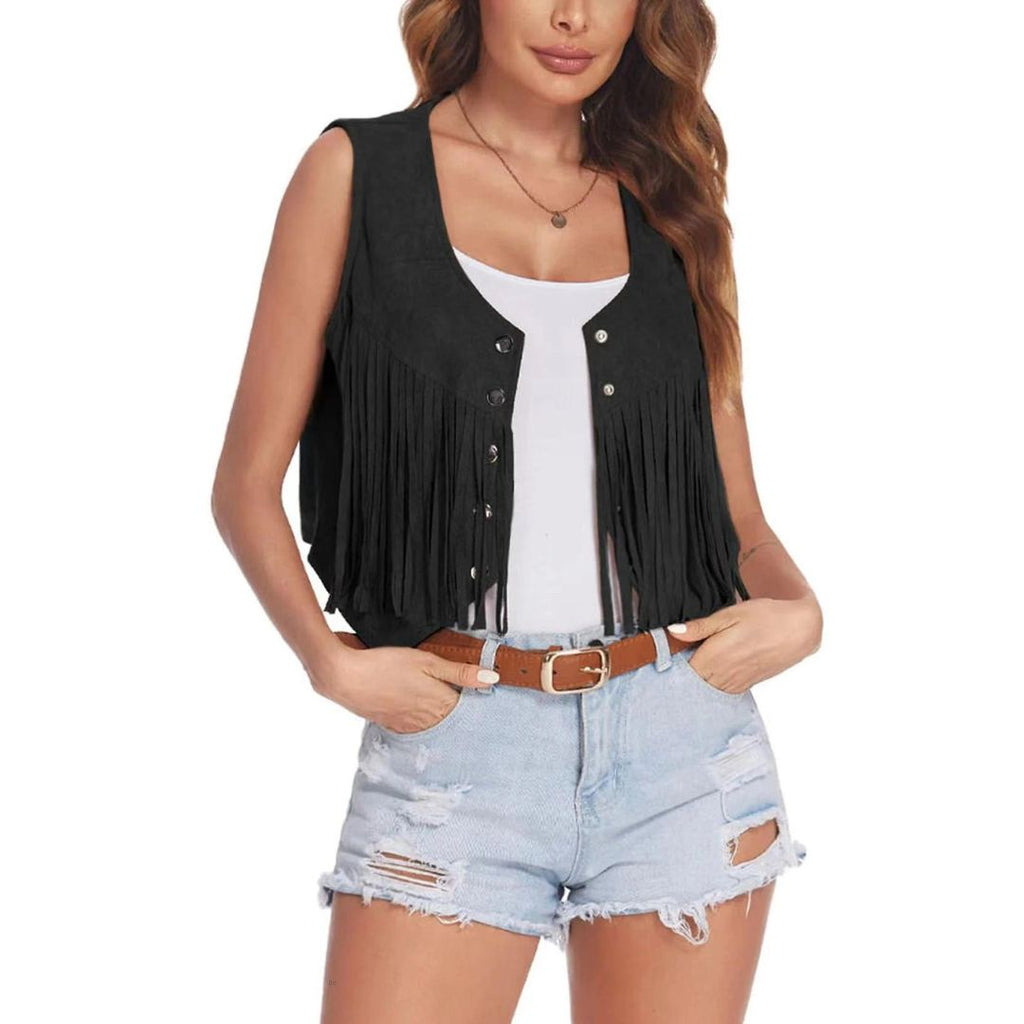 GR | Suede vest with fringe and button detail