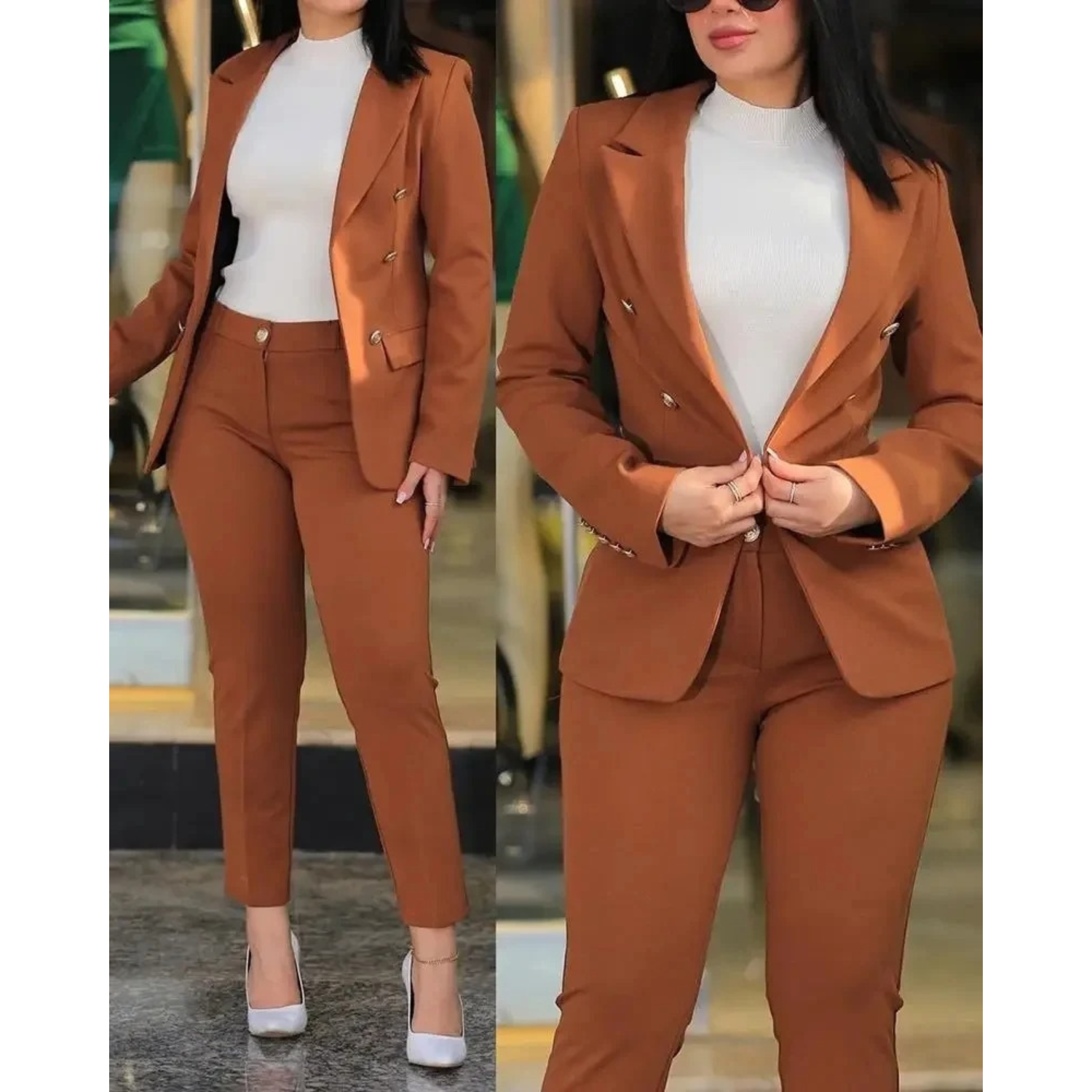 GR | Double-Button Blazer & Trousers Set with Pockets for Women