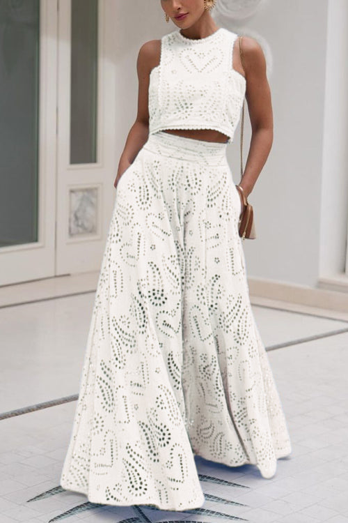 GR | Rosiedress Lace Hollow Out Round Neck Crop Tank Top High Waist Maxi Swing Skirt Set 