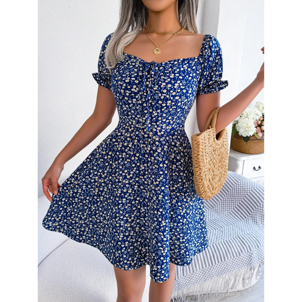GR | Summer dress with floral puff sleeves for women