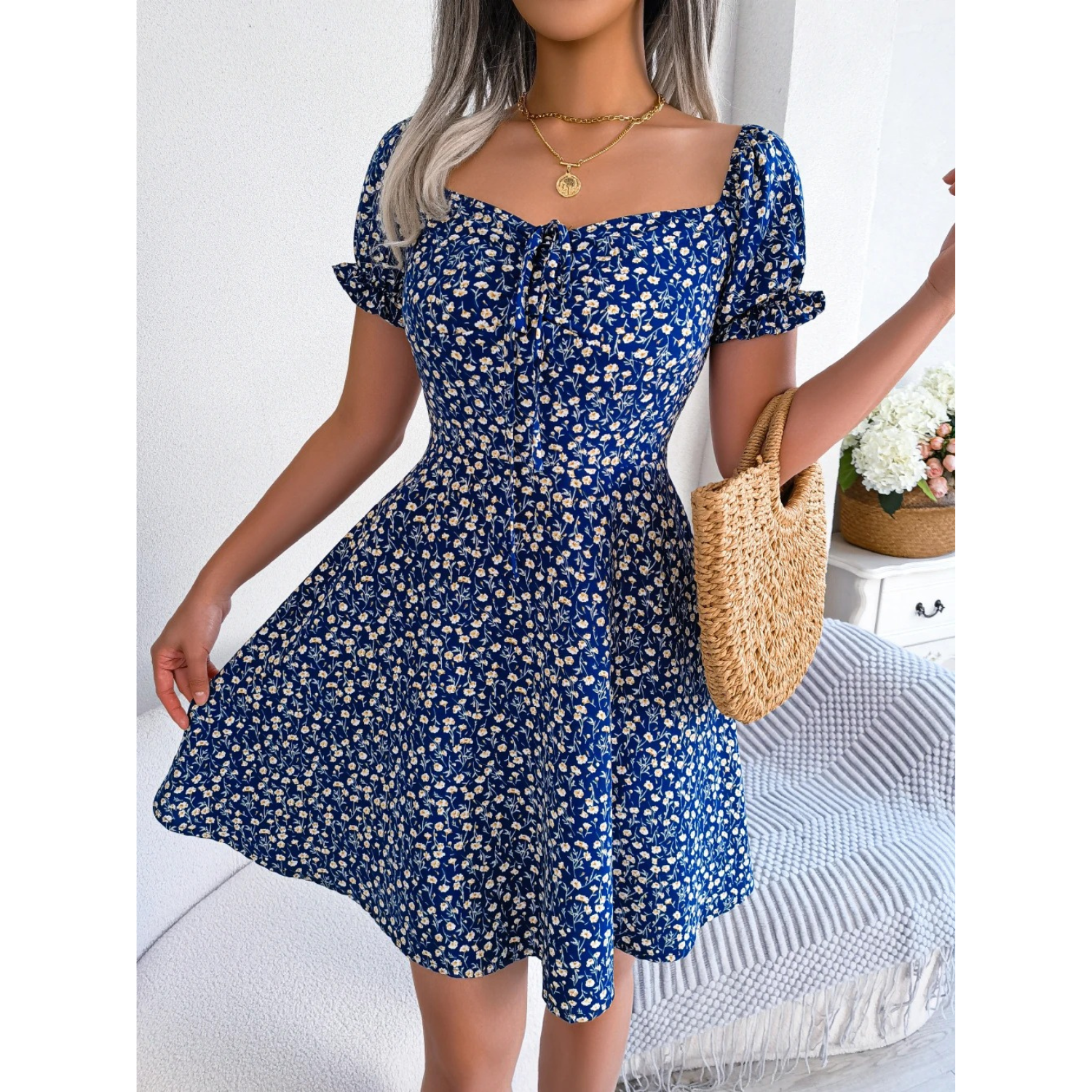 GR | Summer dress with floral puff sleeves for women