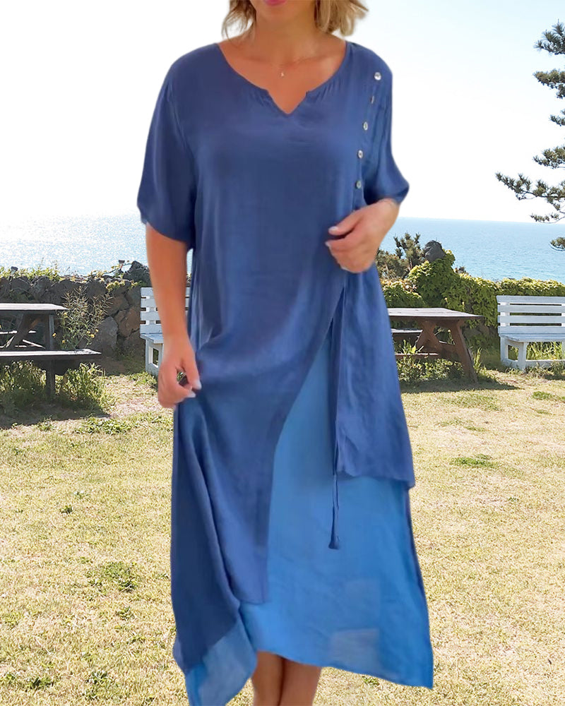 GR | Asymmetrisches Kleid mit kurzen Ärmeln und V-Ausschnitt