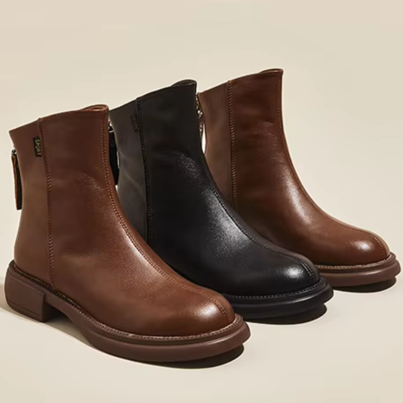 GR | Women's Leather Ankle Boots with Back Zipper and Low Heel