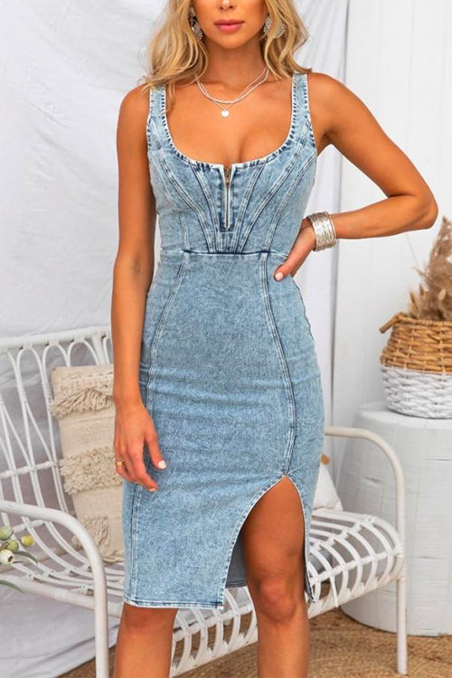 GR | U-neck zip slit denim bodycon cami dress