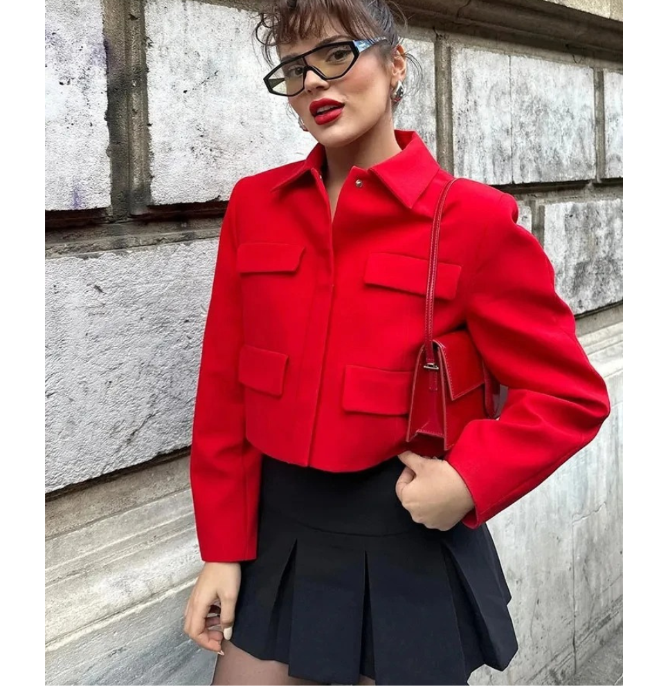 GR | Women's Bomber Jacket Short Jacket with Four Front Pockets and Minimalist Design