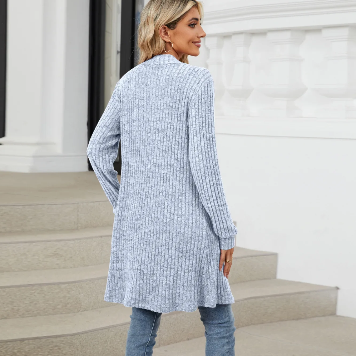 GR | Lange Strickjacken Damen Gerippte Offene Vorderseite Jacke mit Taschen