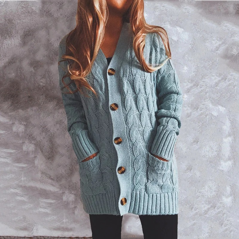 GR | Women's wool cardigan with cable knit pattern and wooden buttons, loose fit