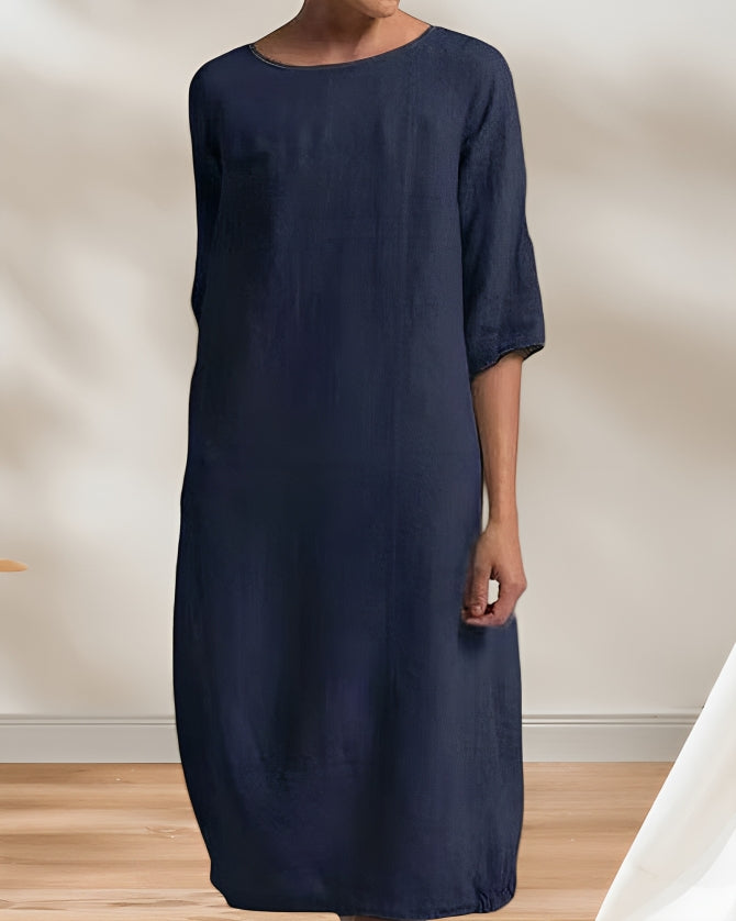 GR | Ladies Lässig Leinen Look Einfaches Midikleid