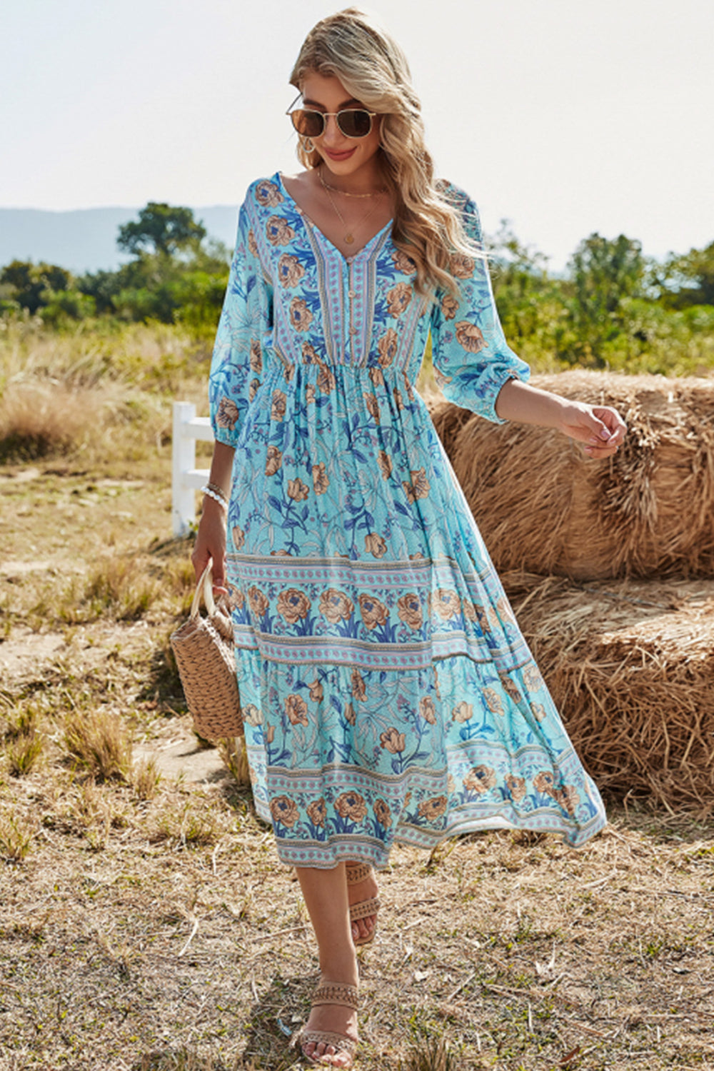 GR | High-waisted V-neck Boho beach dress