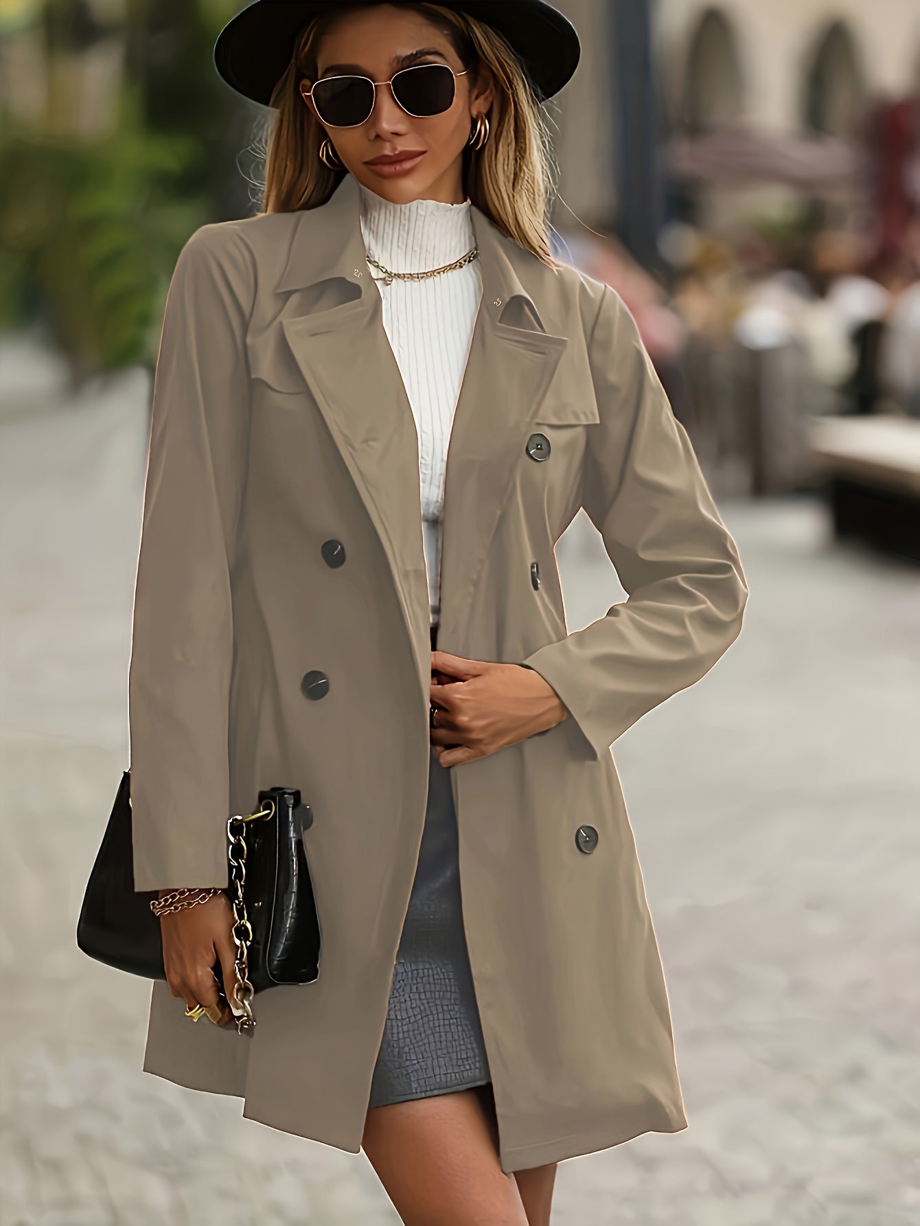 GR | Women's Double-Breasted Trench Coat with Button Details