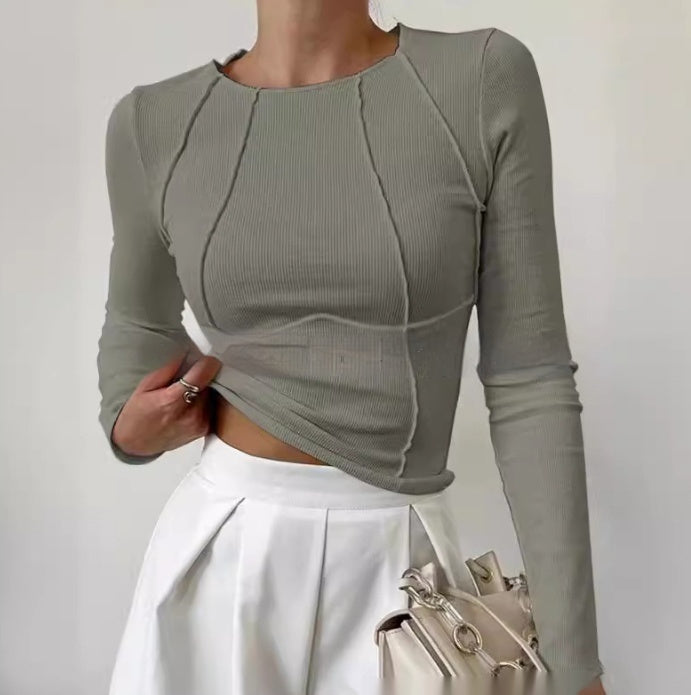 GR | Fit long-sleeved T-shirt - Women's solid color split sweater with knit pattern