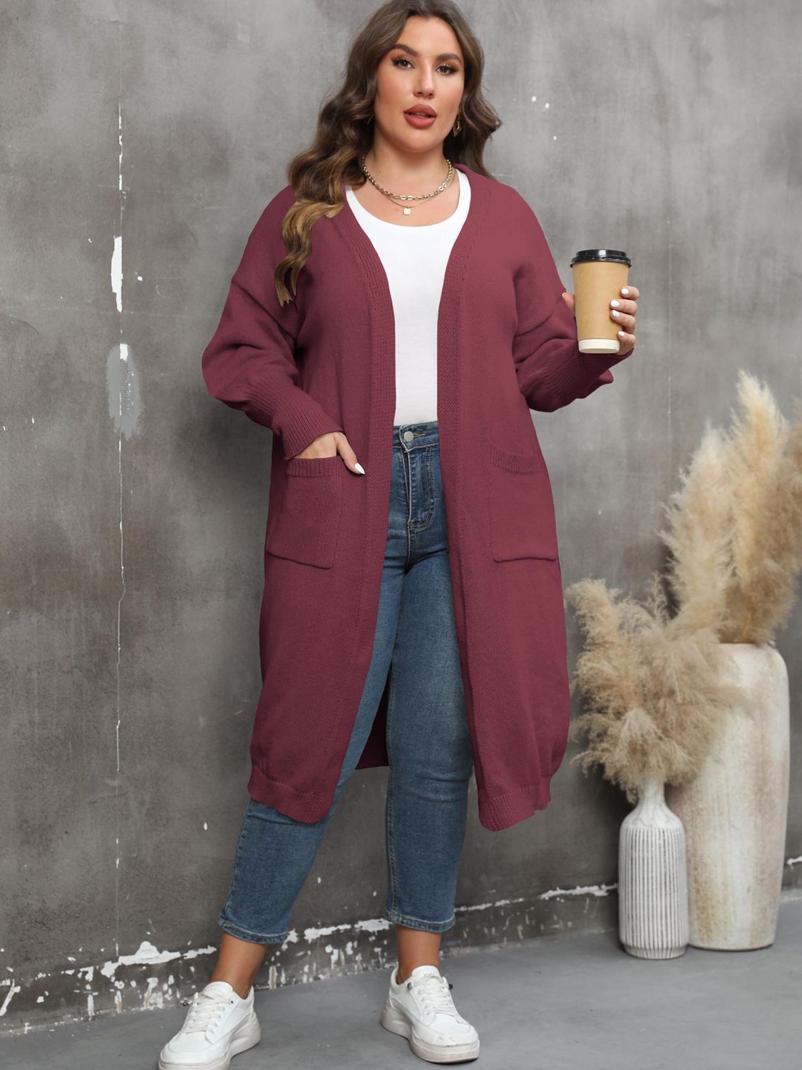 GR | Plus Size Langarm Taschen Cardigan