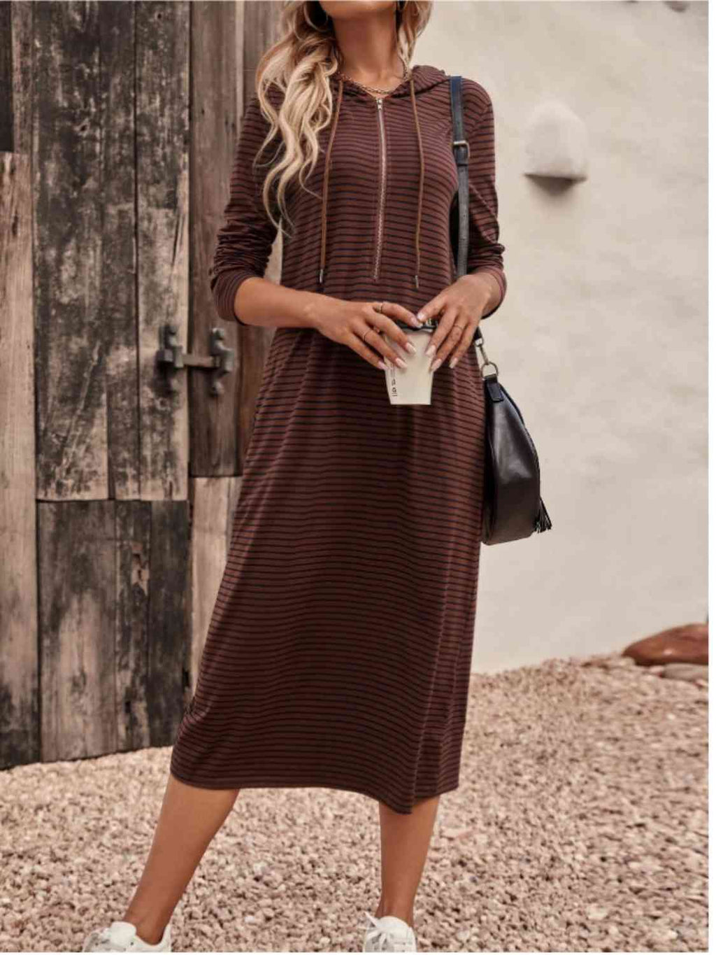 GR | Striped Zip-Front Hooded Dress