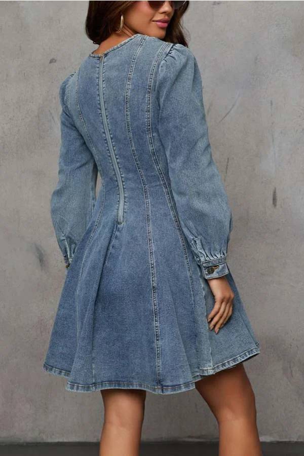 GR | Fade Into You Denim Prinzessinnenlinie Rückenreißverschluss Flare Stretch Mini Kleid