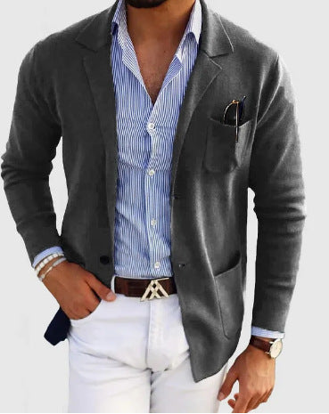 GR | Men's Cardigan with Casual Buttons, Pockets and Notched Collar, Solid Color, Long Sleeves