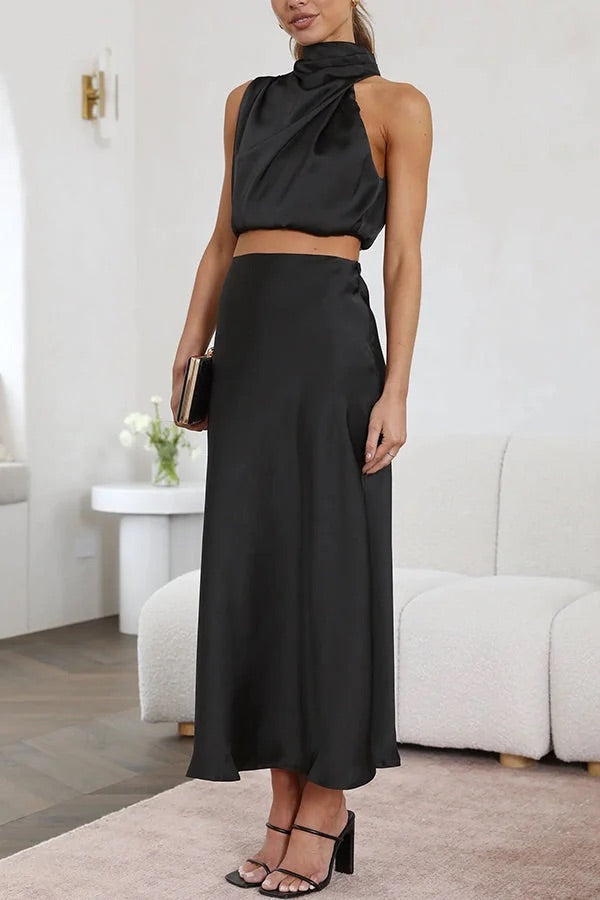 GR | Such a mood High-necked satin draped maxi skirt set 