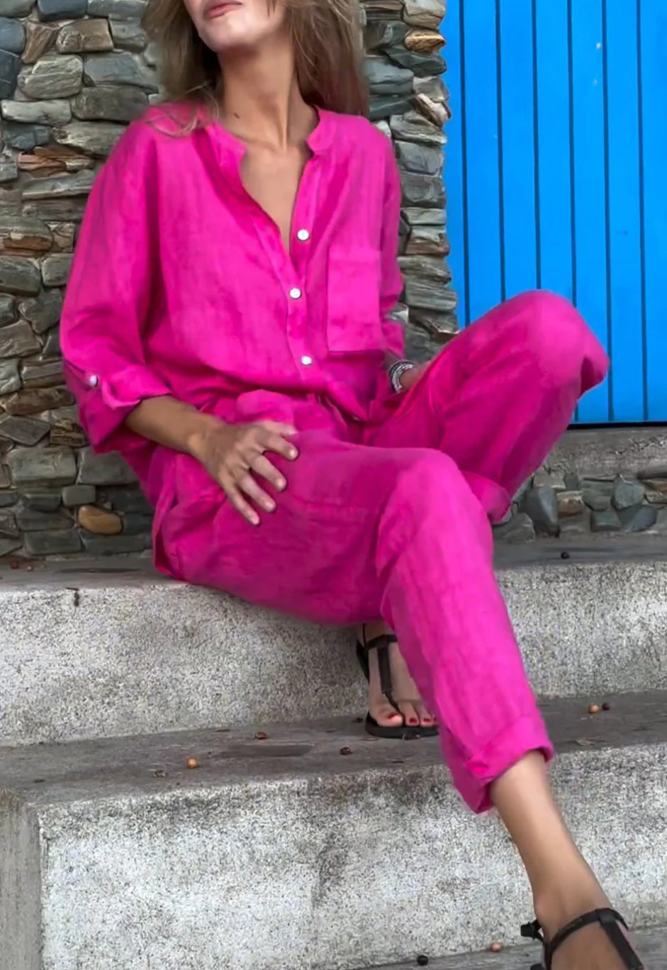 V-neck shirt and cotton trousers
