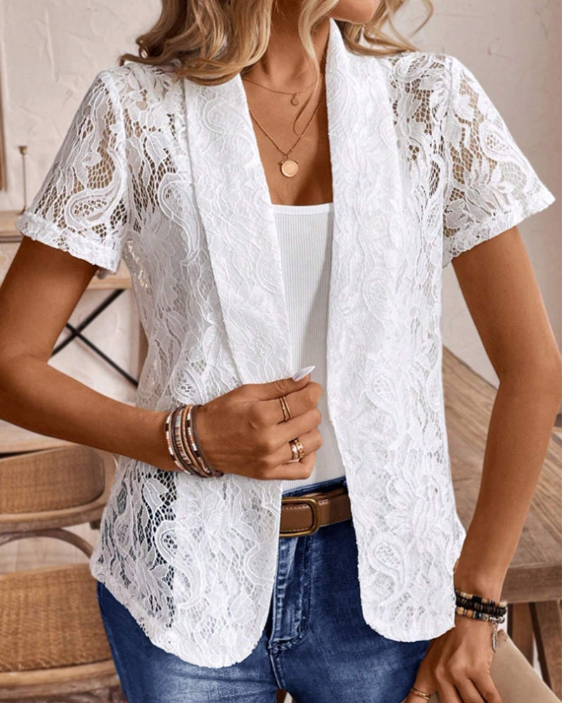 GR | White short-sleeved lace blazer with lapels