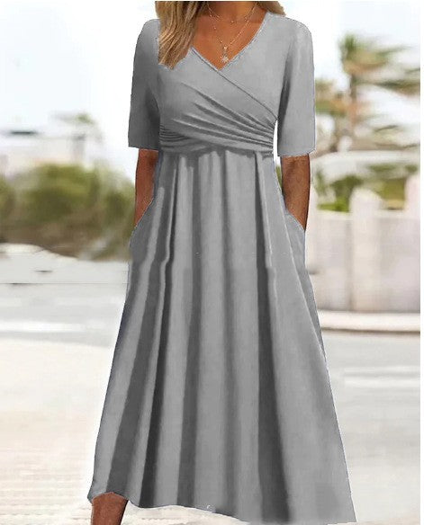 GR | Blaues, Schlichtes Midikleid Mit V-ausschnitt