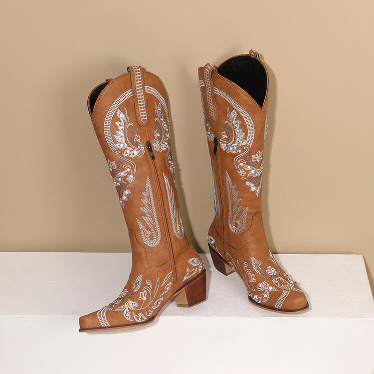 GR | Embroidered Western Denim Retro Women's Knee-Length Boots