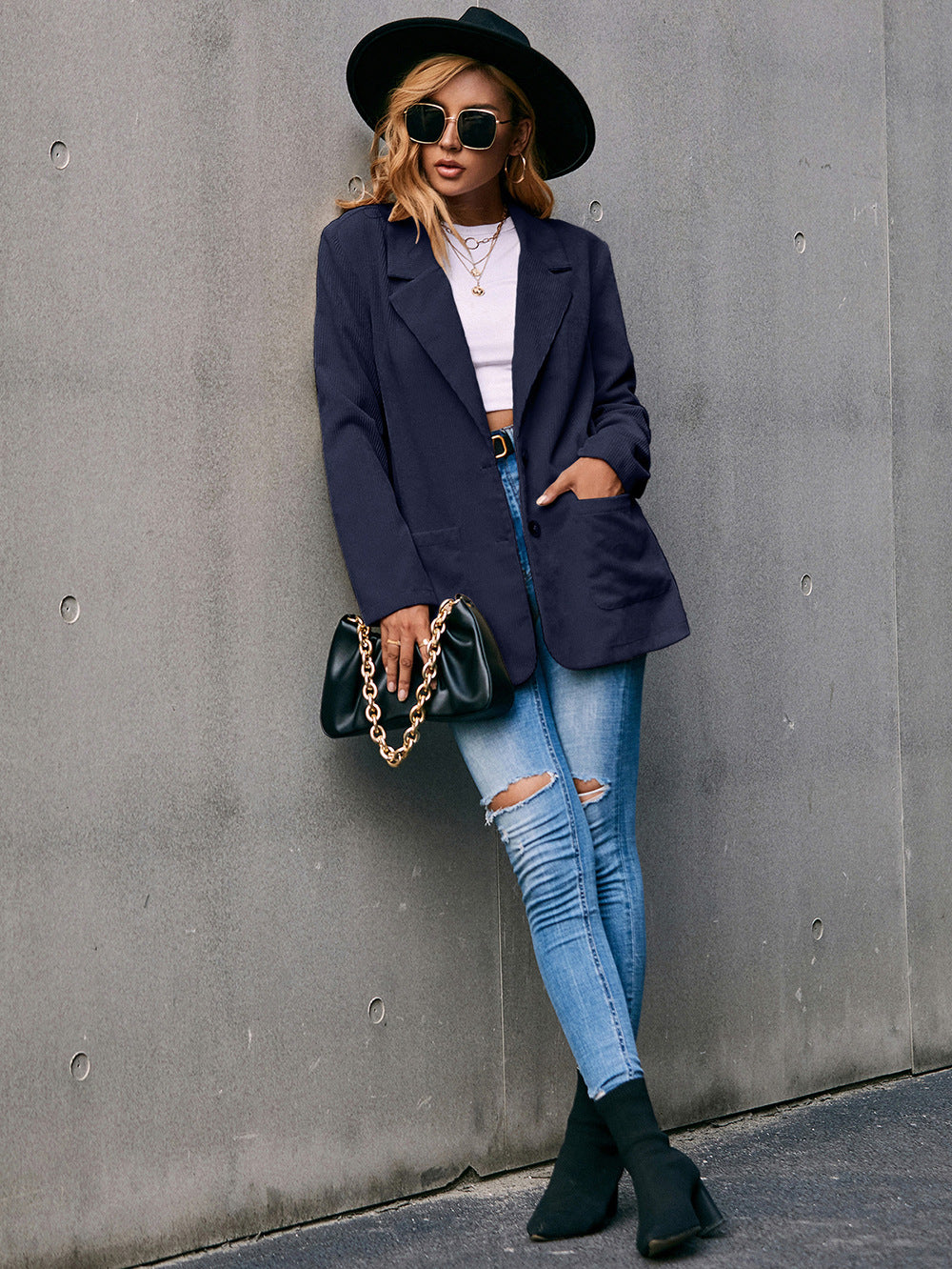 GR | Corduroy Long-Sleeve Longline Blazer with Pockets