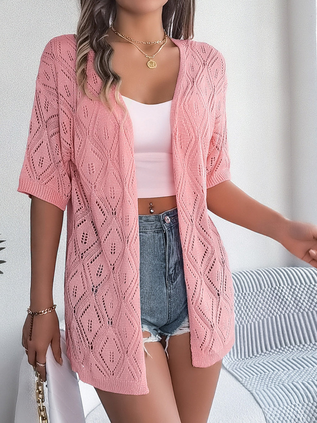 GR | Durchbrochene Offene Front Halbarm-Cardigan