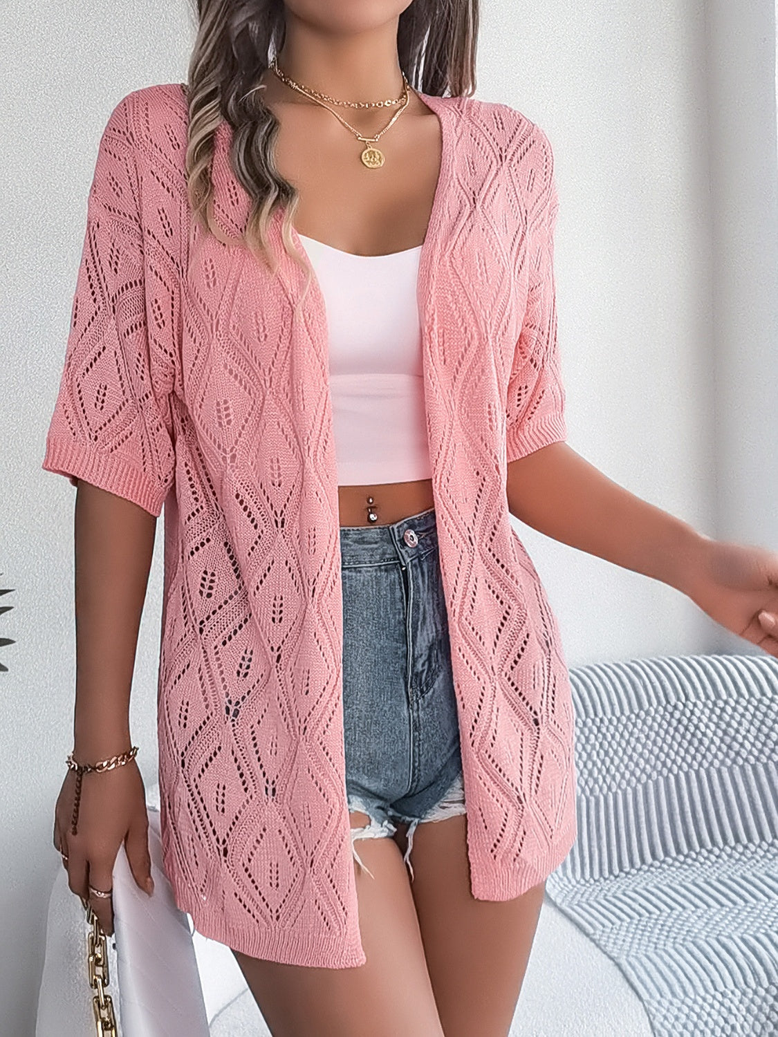 GR | Durchbrochene Offene Front Halbarm-Cardigan