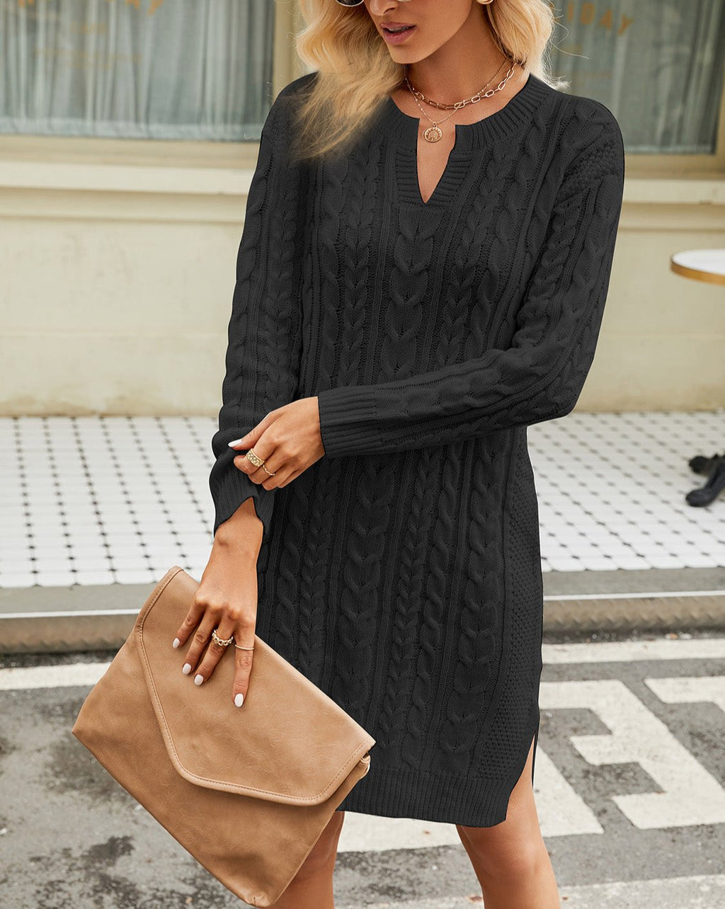 GR | Schicke Herbst-Kabel-Strickkleid mit Ausschnitt für Frauen