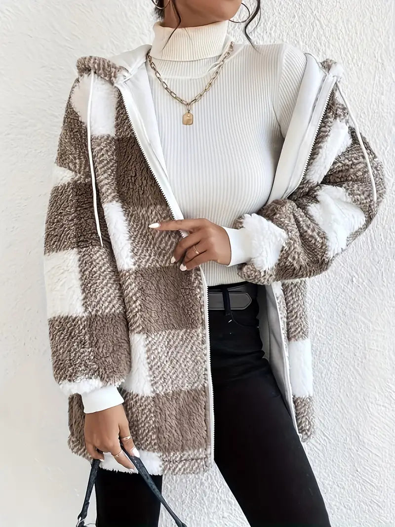 GR | Kariert Teddy Hoodie Jacke | Warm und Bequem für den Winter