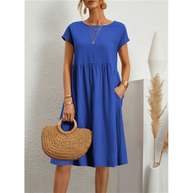 GR | Baumwolle Leinen Kurzarm Midi Kleid