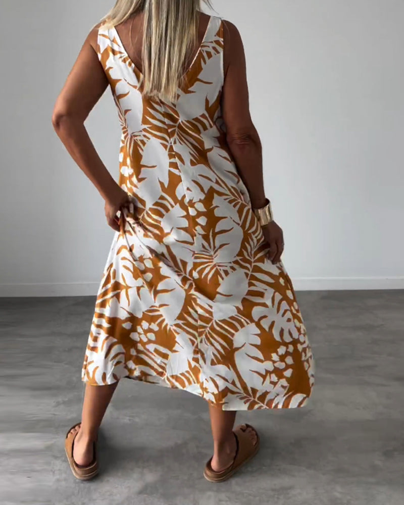 GR | Lässiges, Ärmelloses Kleid mit Blattmuster