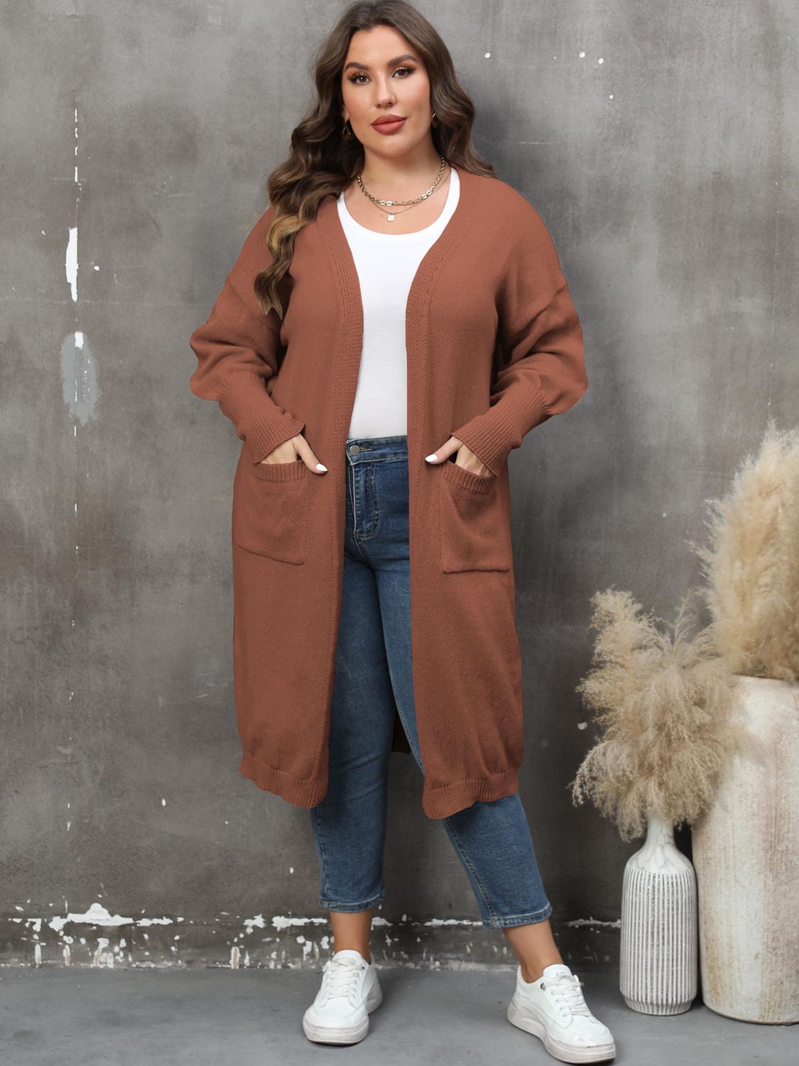 GR | Plus Size Langarm Taschen Cardigan